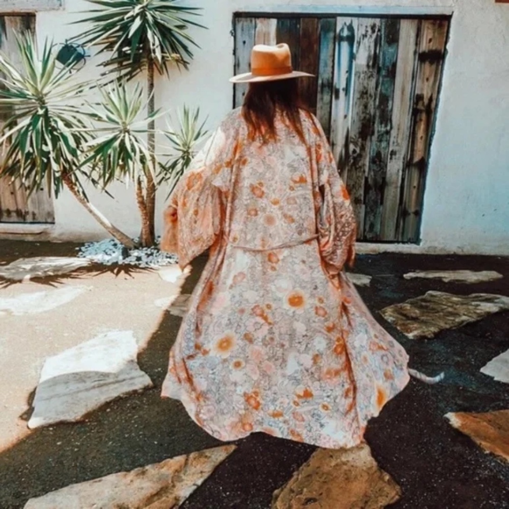 Pink Bohemian Floral Maxi Duster Kimono Wrap Robe-L